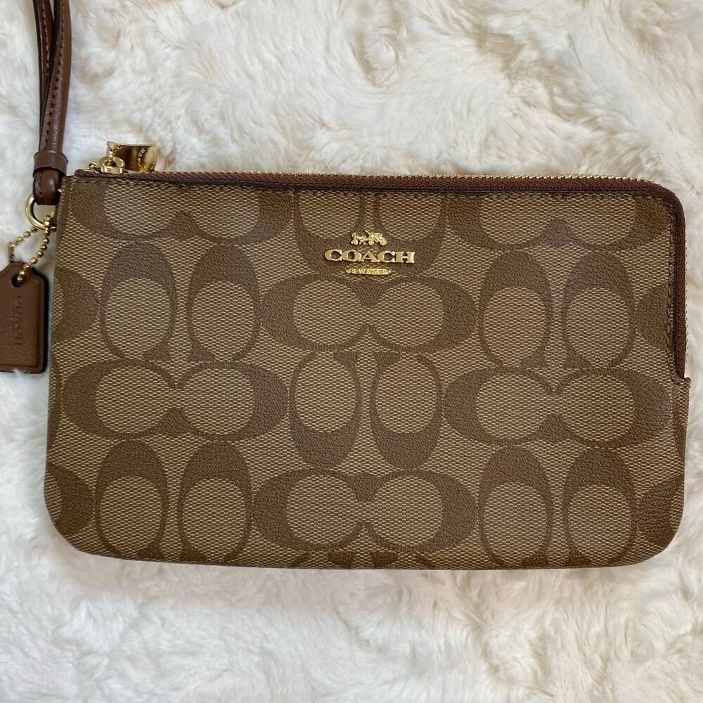 COACH Double Zip Wallet Wristlet in Signature Coated Canvas in Classic Khaki - Picture 4 of 13